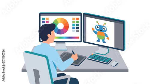 Graphic Designer Creating Digital Character Illustrations on Computers