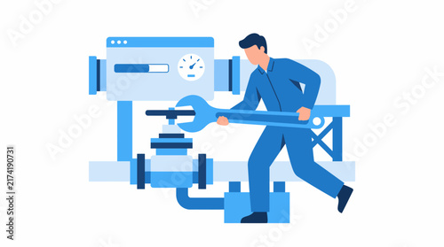 Professional Plumber Character Repairing Industrial Pipeline System Illustration