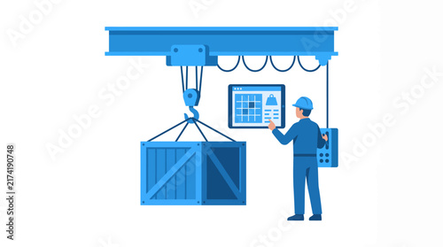Industrial Worker Operating Warehouse Crane for Lifting Heavy Cargo