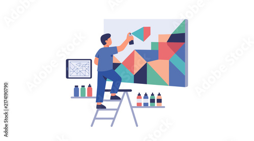 Creative Artist Using Spray Paint to Create Modern Geometric Wall Art