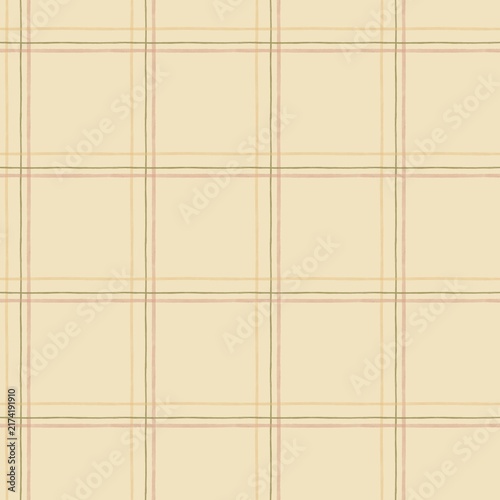 Seamless hand-painted windowpane plaid pattern featuring softly imperfect lines in dusty pink, muted olive green and warm ochre on a creamy ivory background. A delicate modern country 