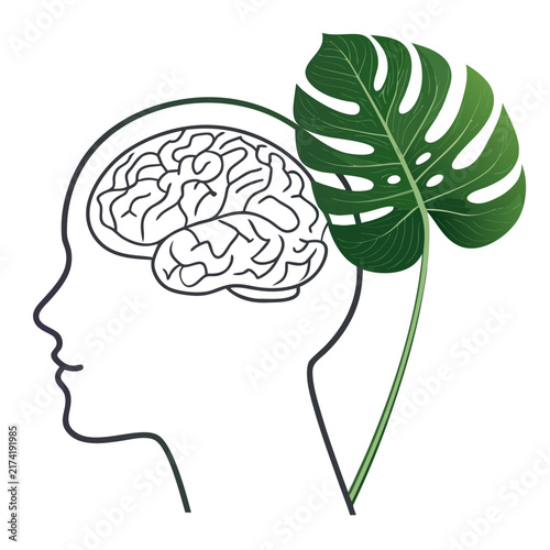 mental health brain monstera leaf icon minimalist flat vector illustration