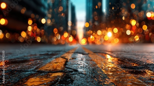 An atmospheric urban street scene captured at dusk, showcasing blurred city lights and a wet road, evoking a sense of adventure and the vibrancy of city life.
