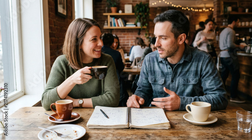 Couple enjoying coffee and conversation at a cafe table with notebook