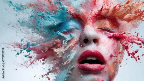 An abstract artistic creation showcasing a vibrant explosion of colors, representing emotions such as joy, chaos, and creativity through dynamic paint splashes.