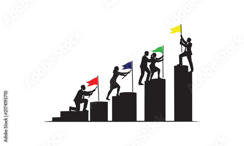 Business team planting flags on each rising graph column 