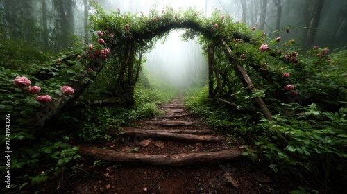 This enchanting forest path, adorned with a floral arch, invites viewers into a mystical realm enveloped in soft mist, creating an atmosphere of tranquility and wonder.