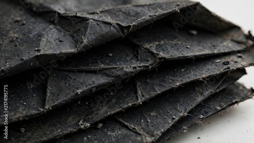 Layered, crinkled, dark material with textured surface, showing particulate matter