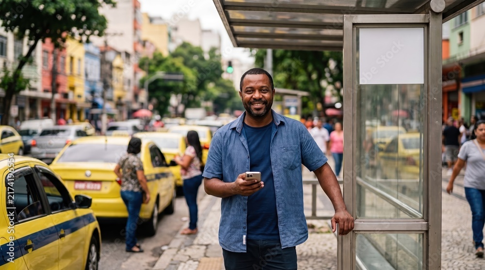 Fototapeta premium Man smiling with phone at bus stop