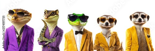 Five Animals In Formal Attire On White Background
