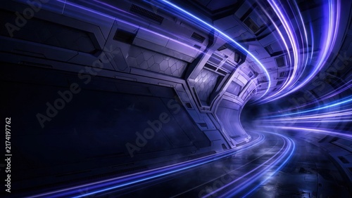 Futuristic tunnel with streaks of purple light, suggesting rapid movement through a sci-fi environment