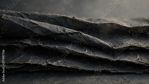 Dark, textured, layered material, possibly paper or fabric, with fine dust particles