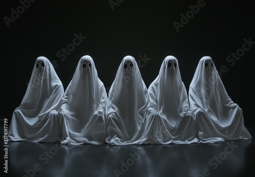 Five Pixelated Ghost Figures in White Sheets Seated in a Row Against a Dark Background