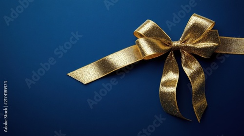 A shimmering gold ribbon tied in a bow on a deep blue background