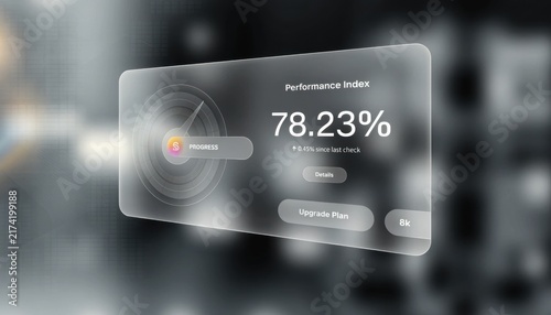 Frosted glass ui card displaying performance index with blurred background