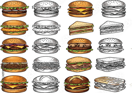 Vintage engraved fast food burgers, retro style hand drawn hamburgers, sketchy sandwich and panino collection