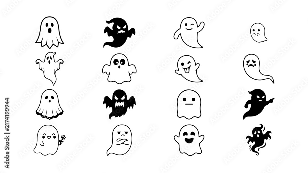 Obraz premium Set of cute and scary ghost icons for Halloween design elements and spooky vector graphics.