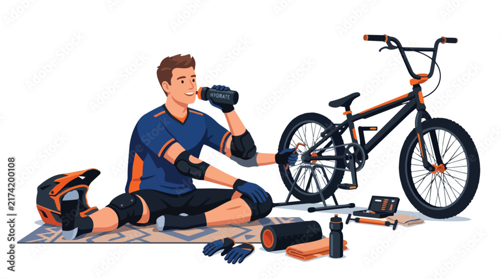 Fototapeta premium Young man athlete resting and drinking water after bmx bike training session.