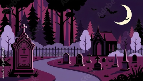 Spooky cartoon cemetery with tombstones and moon. Horror Gothic graveyard illustration. Dark purple forest background. Halloween horror night vector art