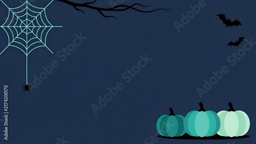 Halloween background with blue pumpkins, flying bats, and spider web on dark night sky. Cute spooky illustration for holiday banners, greeting cards, and seasonal design projects.