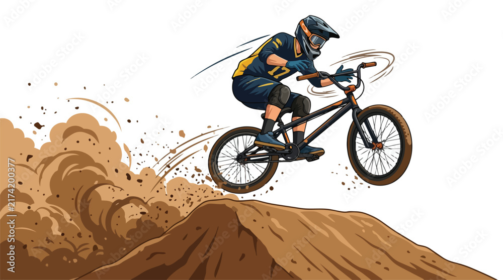 Fototapeta premium Professional BMX rider performing an aerial jump on a dirt track.