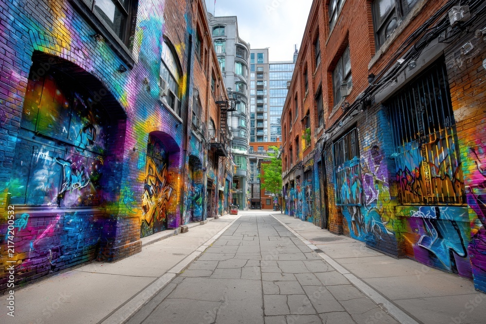 Naklejka premium Colorful graffiti art alleyway with brick buildings