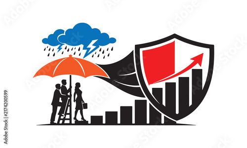Corporate umbrella evolving into a security shield protecting business charts from storm clouds