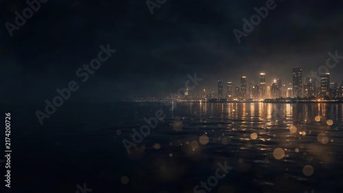 Illuminated city skyline across dark, reflective water under a moody, misty sky