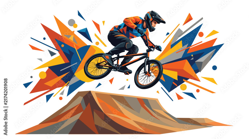 Obraz premium Extreme BMX Biker Jumping Over a Dirt Ramp Illustration.
