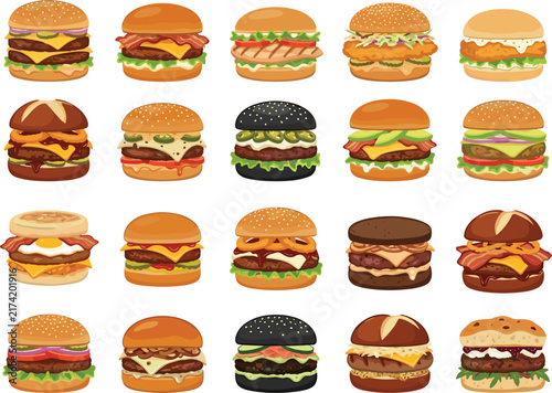 Set of assorted delicious burgers, various gourmet hamburger icons, tasty cheeseburger illustrations collection