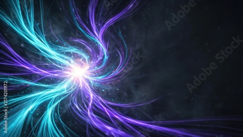Vibrant electric light bursts from a central point, flowing outwards in swirling, colorful tendrils against a dark, misty background