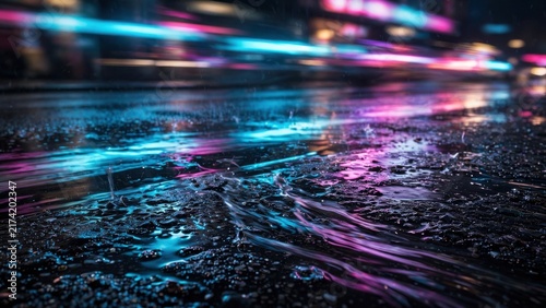 Wet asphalt reflects vibrant neon lights, creating a surreal, dynamic urban atmosphere after rain