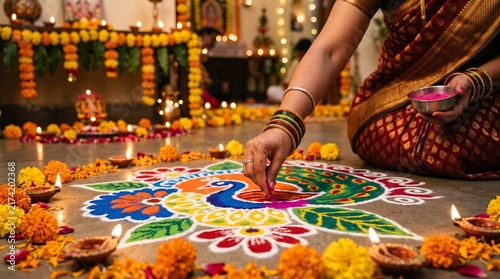 Hand creating a colorful peacock rangoli design on the floor