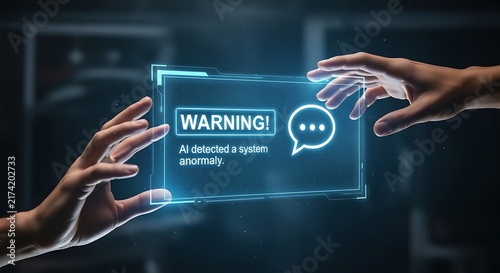 Artificial intelligence detecting system anomaly with warning notification displayed on futuristic glass interface