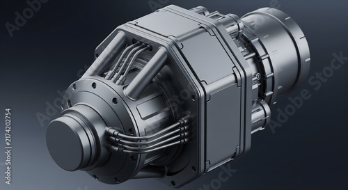 Close-up of a complex mechanical engine component against a dark background