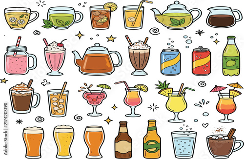 Hand drawn beverage assortment featuring coffee tea cocktails smoothies juices and colorful cafe drinks with playful doodle illustrations