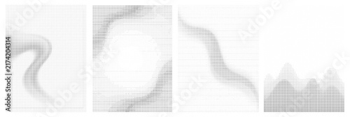 Abstract halftone dot poster templates set with mountain peaks, curved river and circular frames, texture for streetwear t-shirt print, apparel graphic, branding design