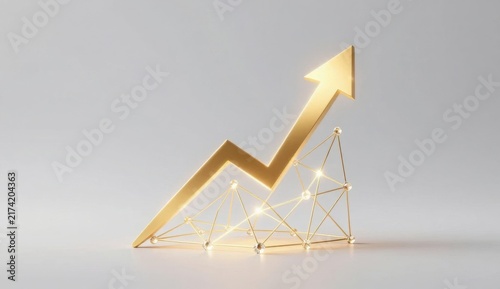 Minimalist 3D render of a golden growth arrow rising through glowing AI neural network nodes.
