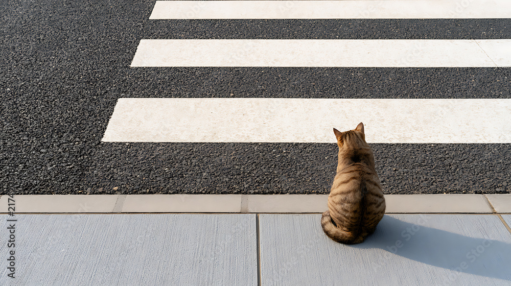 Fototapeta premium A domestic cat, Felis catus, sitting patiently on a concrete sidewalk edge and waiting to cross a white pedestrian zebra crosswalk safely