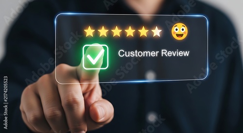 Customer review rating with five gold stars and a checkmark on a transparent digital screen touched by a person