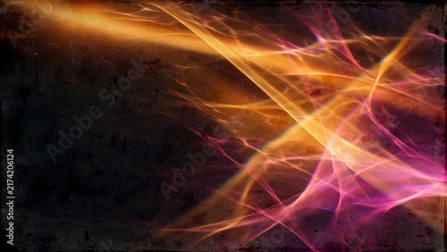 Fiery, ethereal, glowing ribbons of orange, pink, and purple swirl across a dark, textured background