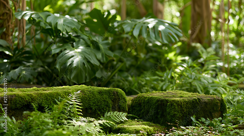 Obraz premium A serene tropical forest scene featuring lush green split-leaf philodendron plants, known as Monstera deliciosa, and mossy stone podiums