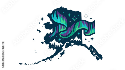 Stylized artistic illustration of Alaska map with northern lights and mountains.