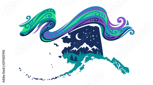 Stylized artistic illustration of Alaska map with northern lights and mountains.
