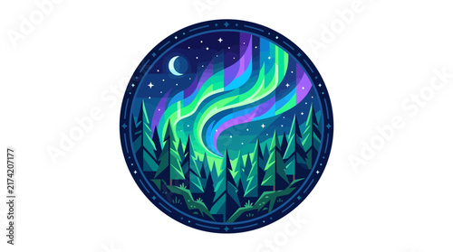 Vibrant Aurora Borealis Shining Over Pine Forest Inside Circular Emblem.