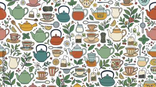 Seamless Pattern of Hand Drawn Tea Time Elements and Teapots.