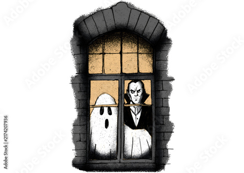 Canvas Print A spooky ghost and a vampire looking out from a dark gothic window during the Ha