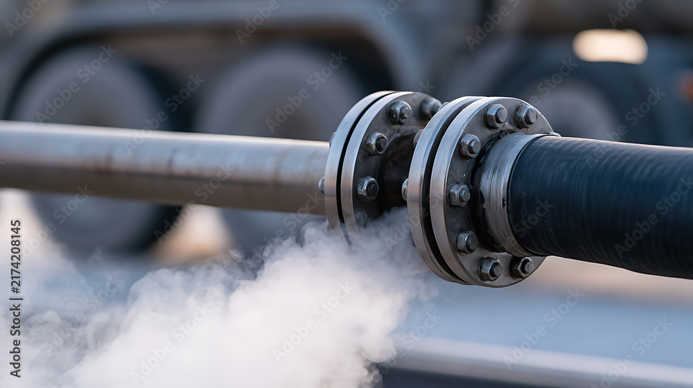 Obraz premium Industrial pipeline system with metal flange connection and steam leak issue, showing mechanical failure at construction site context