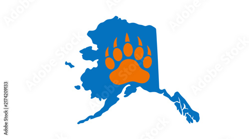 Alaska state map silhouette with a large orange bear paw print icon.