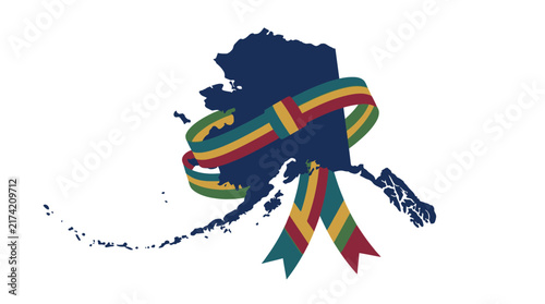 Alaska state map silhouette wrapped in colorful decorative gift ribbon.